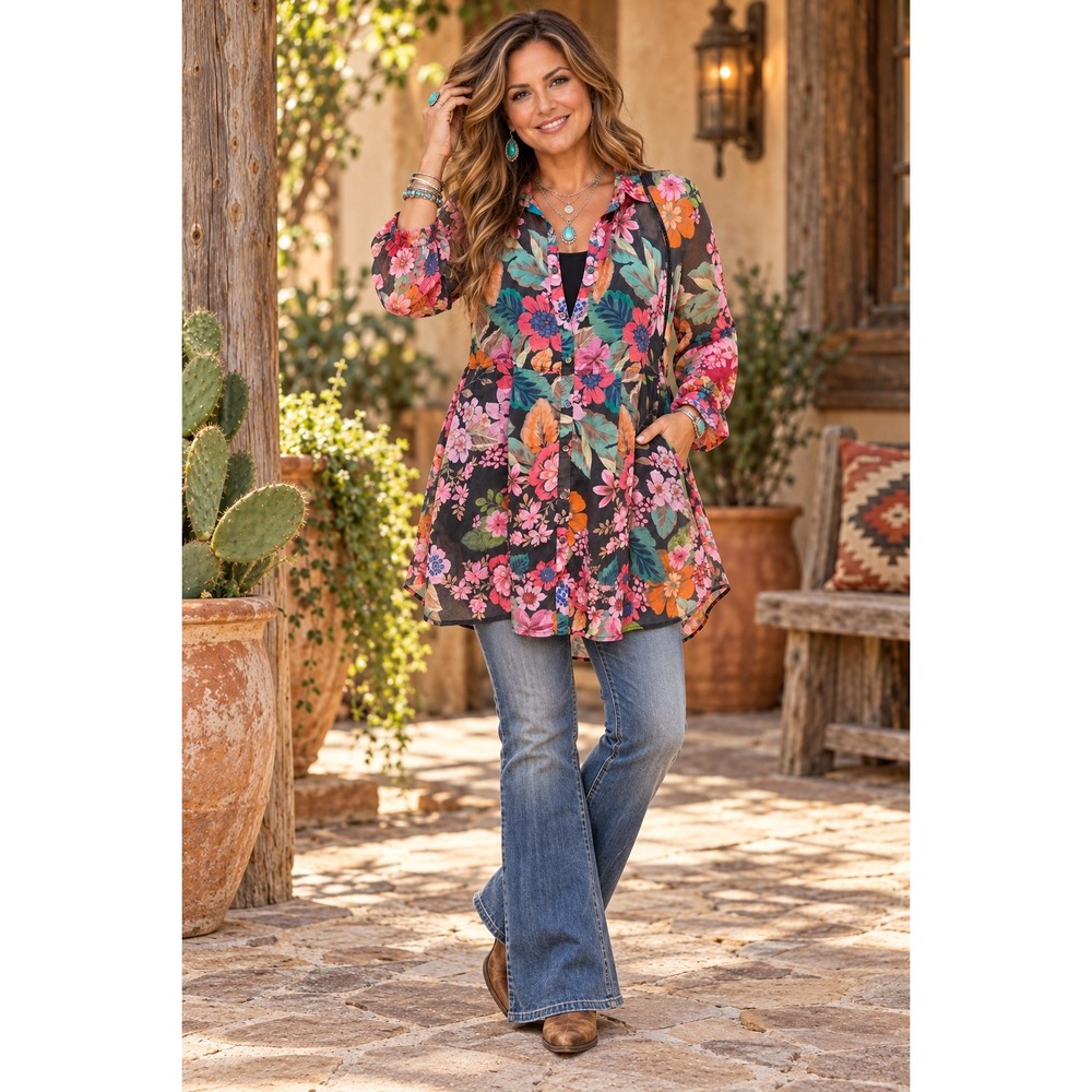 Johnny Was Floral Cupra Rayon Tunic Top Button Down Boho C23324A1 Multi Color L